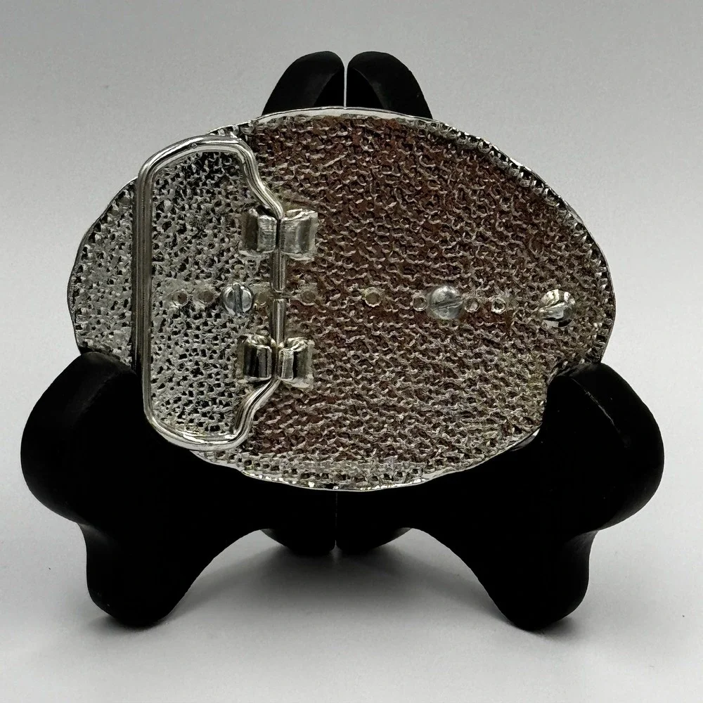 Western Silver Tone Oval Belt Buckle Blue Abalone Shell Inlay Floral‎ Scrollwork